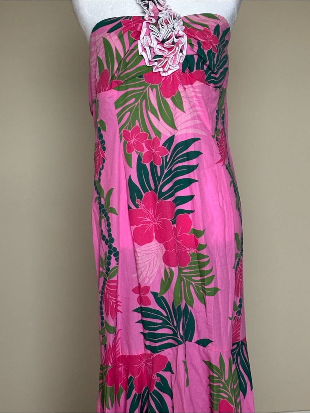 One-Shoulder Pink Tropical Maxi Dress with Floral Ruffle - Picture 2 of 4
